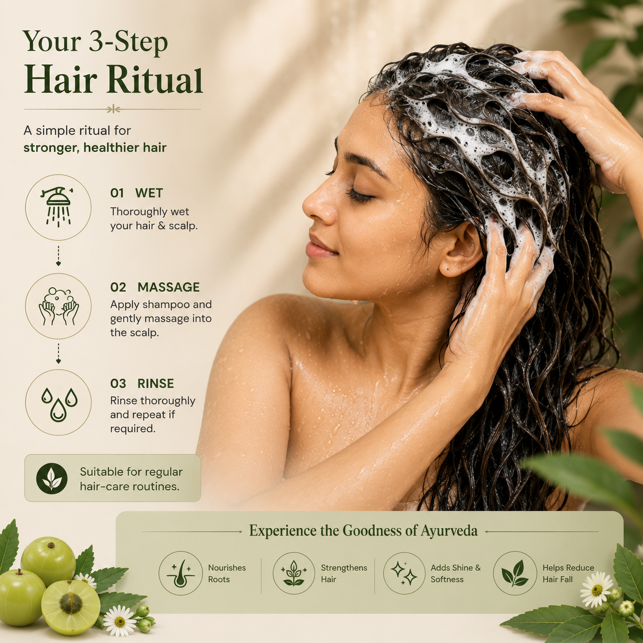 How to use HealthCon Herbal Shampoo — apply to wet hair and scalp, massage gently and rinse