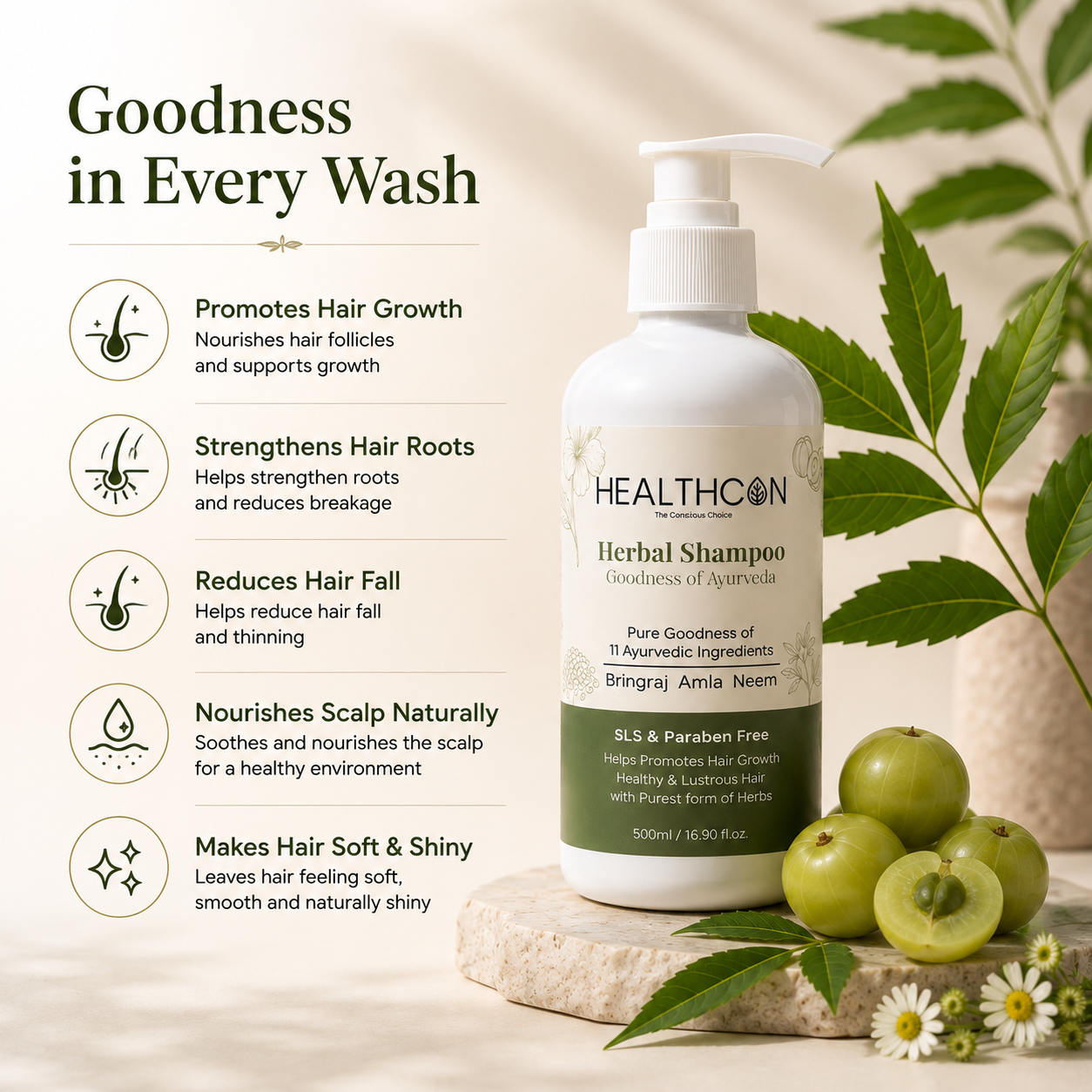 Key benefits of HealthCon Herbal Shampoo — reduces hair fall, promotes healthy scalp, SLS and paraben free