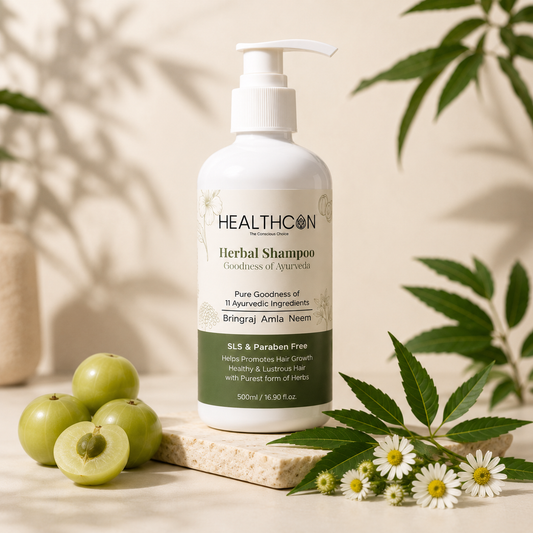 HealthCon Herbal Shampoo 500ml bottle with 11 Ayurvedic ingredients including Bhringraj, Amla and Neem