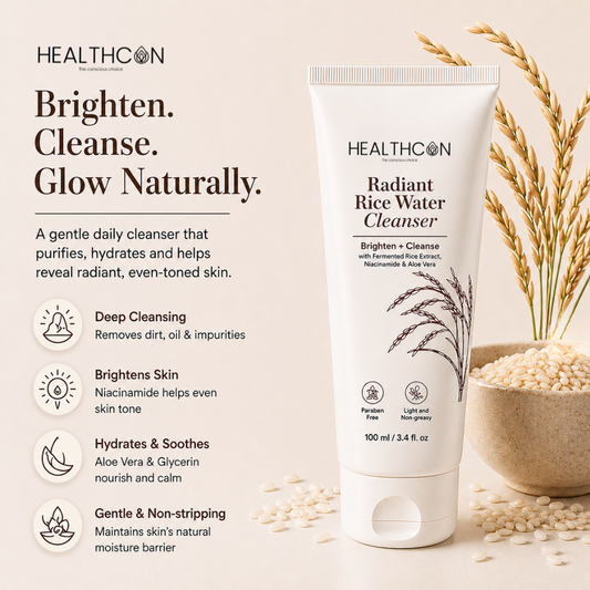 HEALTHCON Radiant Rice Water Cleanser 100ml - Brighten, Cleanse & Glow Naturally with Fermented Rice Extract, Niacinamide & Aloe Vera. Paraben Free, Light & Non-greasy Face Wash for all skin types.