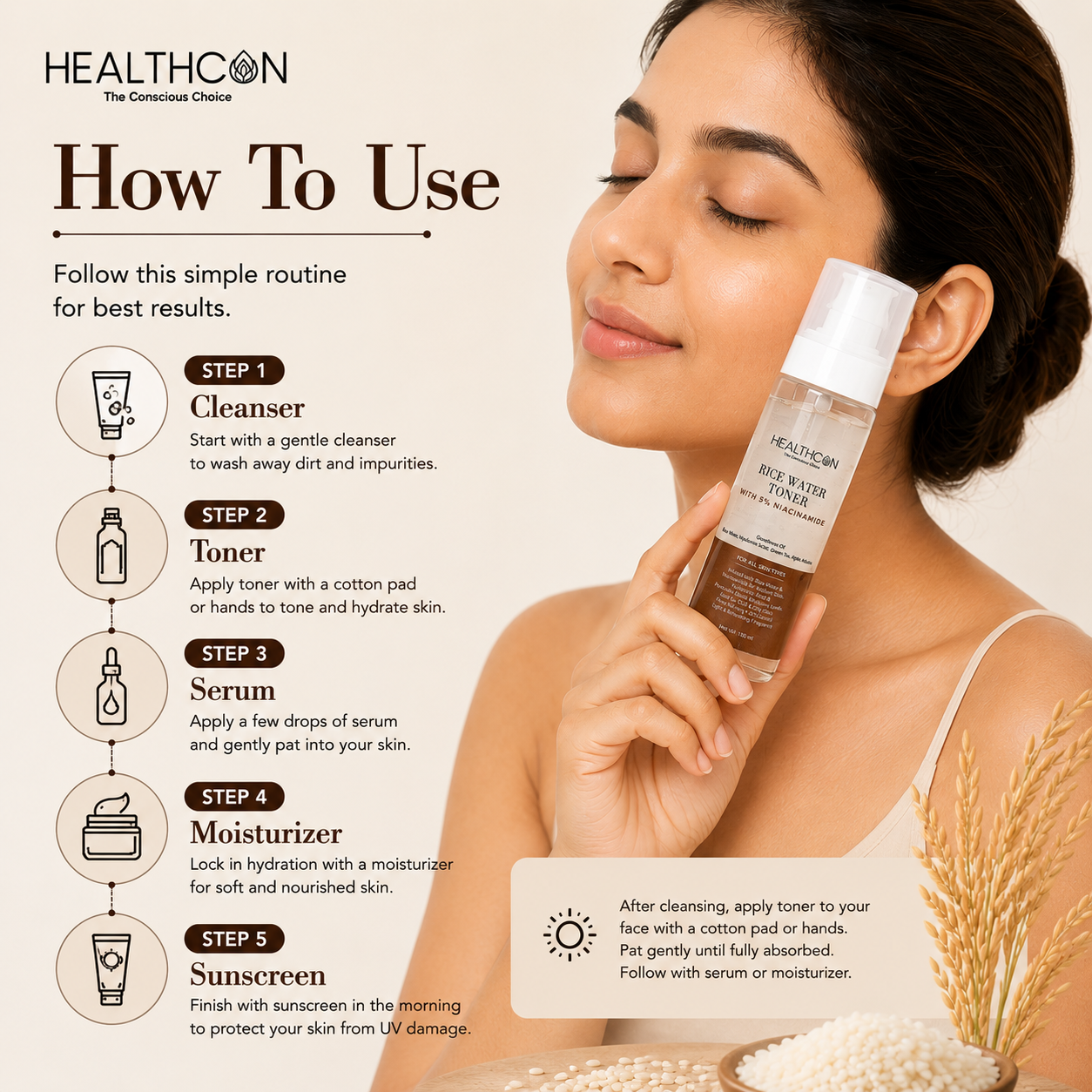 Woman holding a bottle of HEALTHCARE skincare product with a step-by-step guide on how to use it.