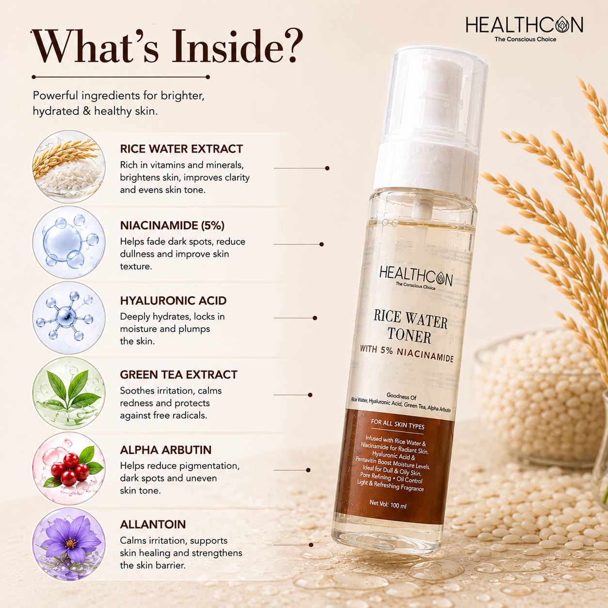 Healthcon Rice Water Toner with Niacinamide on a beige background with product details.